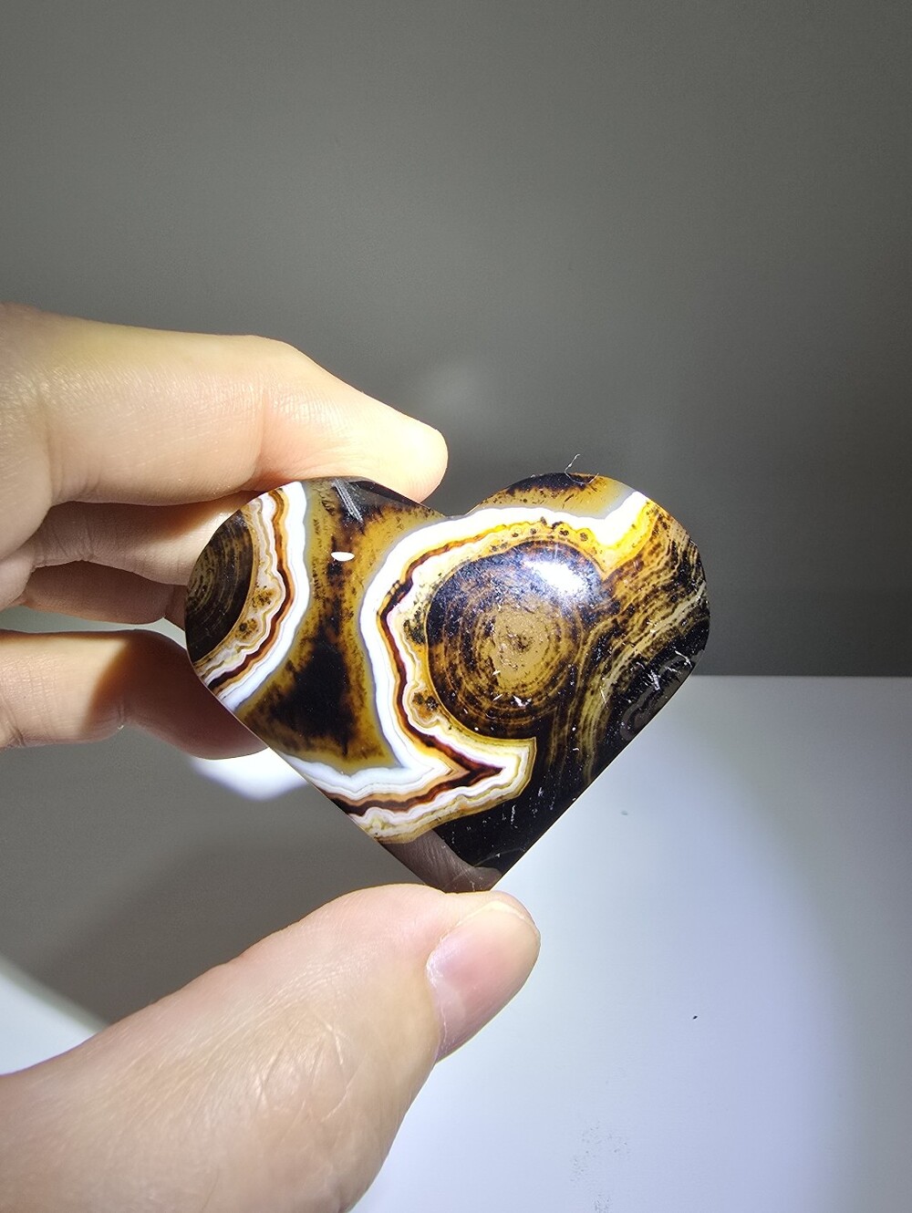 Heart Shaped Banded Agate Palm Stone - Brown & White